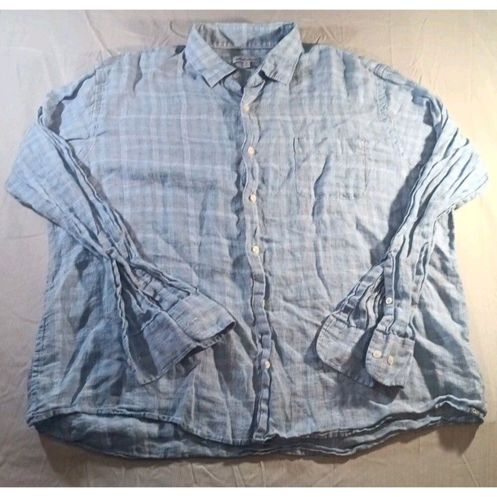 Peter Millar 100% Linen Shirt Men's XL Blue Gray Plaid Long Sleeve Button-Up